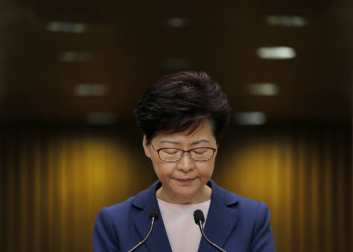 Hong Kong Chief Executive Carrie Lam pauses during a press conference in Hong Kong, Tuesday, July 9, 2019. Lam said Tuesday the effort to amend an extradition bill was dead, but it wasn't clear if the legislation was being withdrawn as protesters have demanded. Photo: Vincent Yu / AP