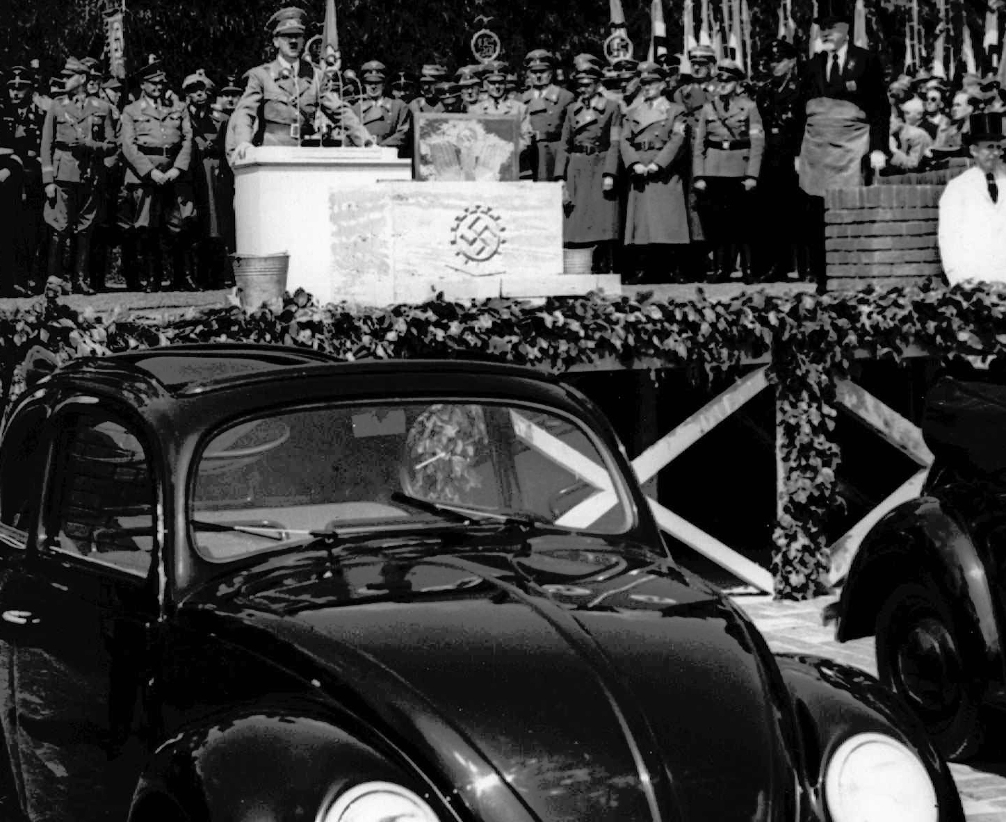 In this May 26, 1938 file photo, German Nazi leader Adolf Hitler speaks at the opening ceremony of the Volkswagen car factory in Fallersleben, Lower Saxony, Germany. Photo: AP