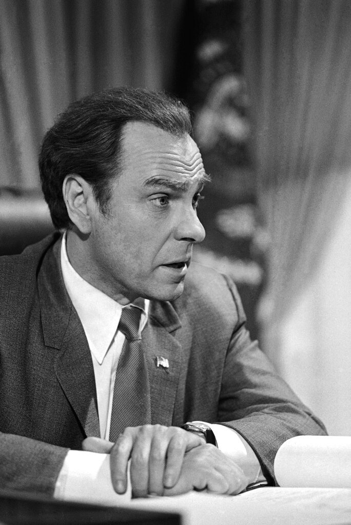 In this Dec. 8, 1978, file photo, actor Rip Torn plays Richard Nixon during the filming of "Blind Ambition," an eight-hour film for television. Photo: Doug Pizac / AP