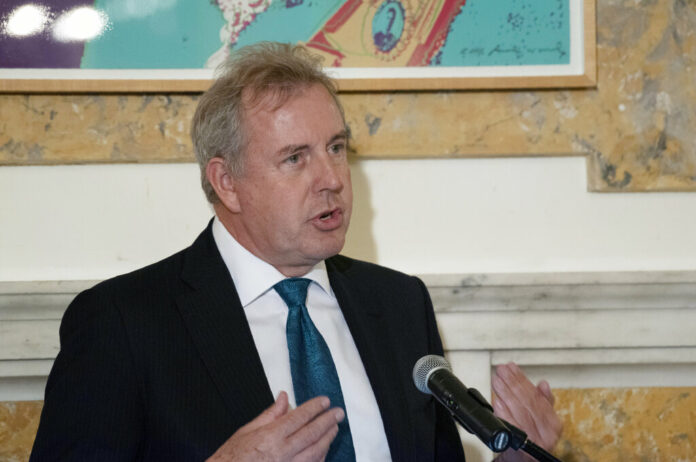 FILE - In this Friday, Oct. 20, 2017, file photo, British Ambassador Kim Darroch hosts a National Economists Club event at the British Embassy in Washington. Britain's ambassador to the United States resigned Wednesday, July 10, 2019, just days after diplomatic cables criticizing President Donald Trump caused embarrassment to two countries that often celebrate having a 