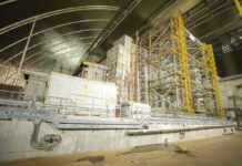 Ukraine: Chernobyl’s Radioactive Dust Shelter Unveiled A view inside the "new safe confinement" shelter that spans the remains of the Chernobyl nuclear power plant's Reactor No. 4, in Chernobyl, Ukraine, Wednesday, July 10, 2019. A structure built to confine radioactive dust from the nuclear reactor at the center of the 1986 Chernobyl disaster was formally unveiled on Wednesday. Photo: Ukrainian Presidential Press Office via AP