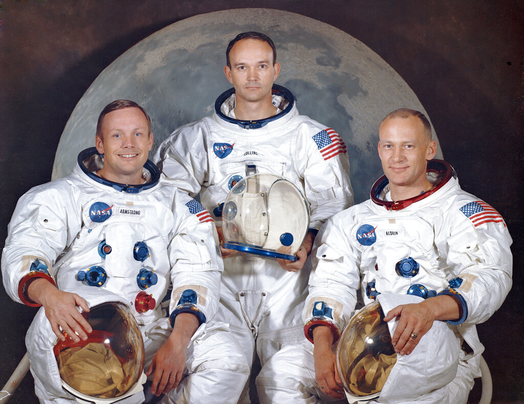 This March 30, 1969 photo made available by NASA shows the crew of the Apollo 11, from left, Neil Armstrong, commander; Michael Collins, module pilot; Edwin E. "Buzz" Aldrin, lunar module pilot. Apollo 11 was the first manned mission to the surface of the moon. Photo: NASA via AP