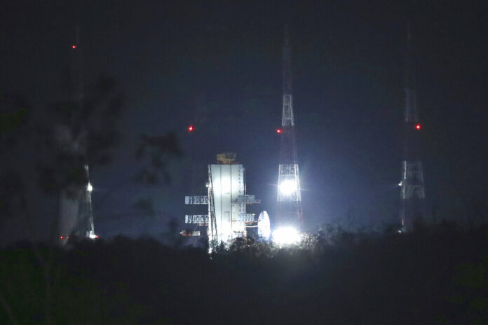 Indian Space Research Organization (ISRO)'s Geosynchronous Satellite launch Vehicle (GSLV) MkIII carrying Chandrayaan-2 stands at Satish Dhawan Space Center after the mission was aborted at Sriharikota in southern India, Monday, July 15, 2019. India has called off the launch of a moon mission to explore the lunar south pole. The Chandrayaan-2 mission was aborted less than an hour before takeoff on Monday. An Indian Space Research Organization spokesman says a 