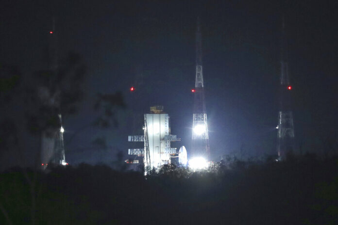 Indian Space Research Organization (ISRO)'s Geosynchronous Satellite launch Vehicle (GSLV) MkIII carrying Chandrayaan-2 stands at Satish Dhawan Space Center after the mission was aborted at Sriharikota in southern India, Monday, July 15, 2019. India has called off the launch of a moon mission to explore the lunar south pole. The Chandrayaan-2 mission was aborted less than an hour before takeoff on Monday. An Indian Space Research Organization spokesman says a Indian Space Research Organization (ISRO)'s Geosynchronous Satellite launch Vehicle (GSLV) MkIII carrying Chandrayaan-2 stands at Satish Dhawan Space Center after the mission was aborted at Sriharikota in southern India, Monday, July 15, 2019. India has called off the launch of a moon mission to explore the lunar south pole. The Chandrayaan-2 mission was aborted less than an hour before takeoff on Monday. An Indian Space Research Organization spokesman says a