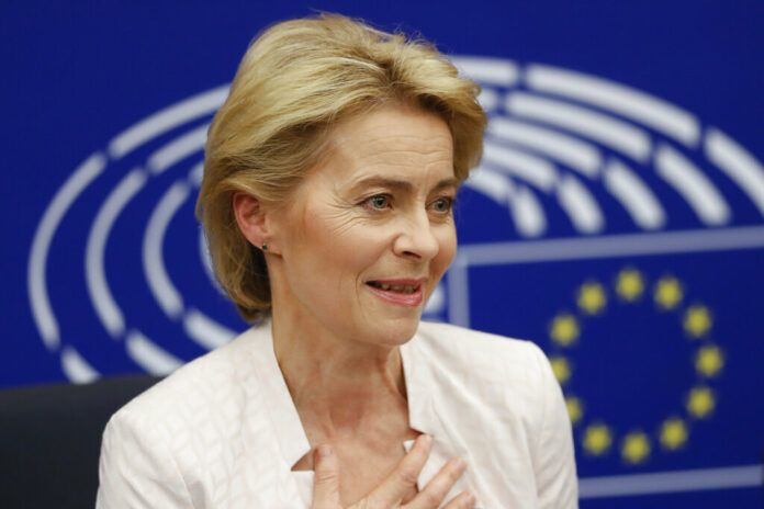 German Ursula von der Leyen talks to journalists during a news conference following her election as new European Commission President at the European Parliament in Strasbourg, eastern France, Tuesday, July 16, 2019. Photo: Jean-Francois Badias / AP