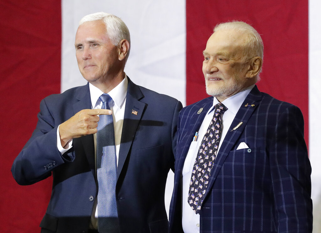 Vice President Mike Pence, left, points to Apollo 11 astronaut Buzz Aldrin during an event at the Kennedy Space Center in recognition of the Apollo 11 anniversary, Saturday, July 20, 2019, in Cape Canaveral, Fla. Photo: John Raoux / AP
