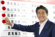 Abe’s Coalition Still Short of Votes to Change Constitution Japanese Prime Minister Shinzo Abe smiles in front of red rosettes on the names of his Liberal Democratic Party's winning candidates during ballot counting for the upper house elections at the party headquarters in Tokyo, Sunday, July 21, 2019. Prime Minister Abe's ruling coalition appeared certain to hold onto a majority in Japan's upper house of parliament, with exit polls from Sunday's election indicating he could even close in on the super-majority needed to propose constitutional revisions. Photo: Koji Sasahara / AP