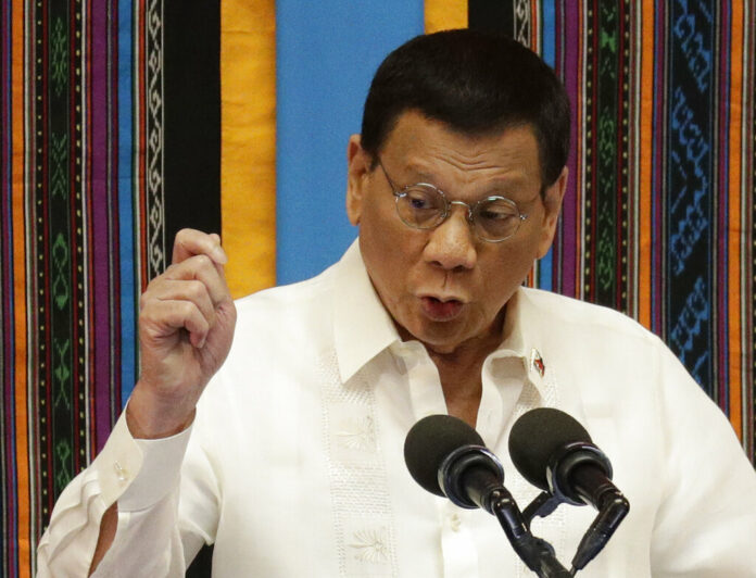 Philippine President Rodrigo Duterte talks during his 4th State of the Nation Address at the House of Representatives in Quezon city, metropolitan Manila, Philippines Monday July 22, 2019. Photo: Aaron Favila / AP Philippine President Rodrigo Duterte talks during his 4th State of the Nation Address at the House of Representatives in Quezon city, metropolitan Manila, Philippines Monday July 22, 2019. Photo: Aaron Favila / AP