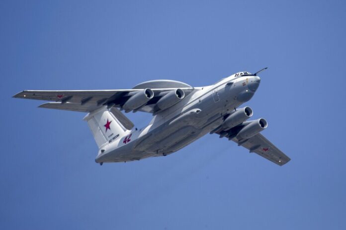 FILE - In this file photo taken on Tuesday, May 7, 2019, A Russian Beriev A-50 airborne early warning and control training aircraft flies over Red Square during a rehearsal for the Victory Day military parade in Moscow, Russia. South Korean air force jets fired 360 rounds of warning shots after a Russian military plane briefly violated South Korea's airspace twice on Tuesday, Seoul officials said, in the first such incident between the two countries. Photo: Alexander Zemlianichenko, Pool / AP File