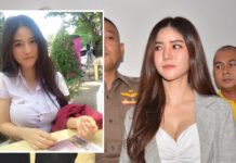 Model Faces Jail Time for Posting Striptease in Line Group Jirarat “Blue” Chanato reporting herself to the Technology Crime Suppression Division on July 23. Insert: A photo dated January 26, 2016 showing Jirarat in student uniform. Photo: Jirarat Chanato / Facebook