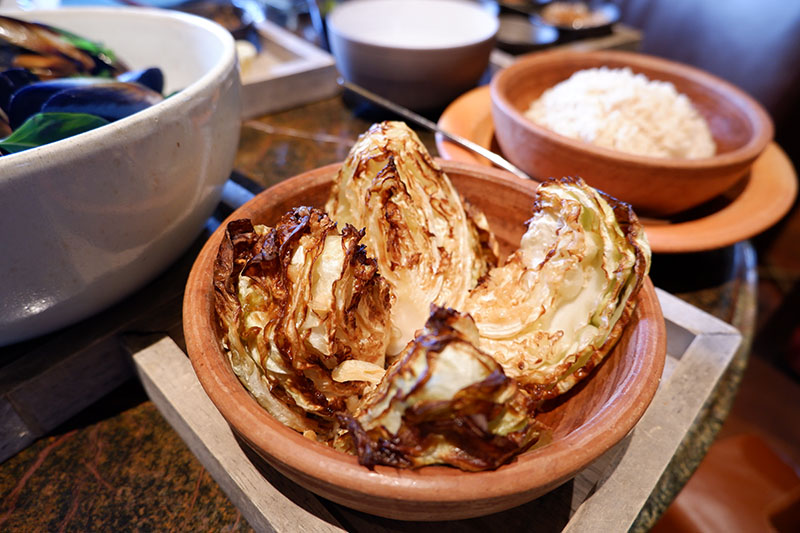 Baked cabbage with fish sauce (180 baht).