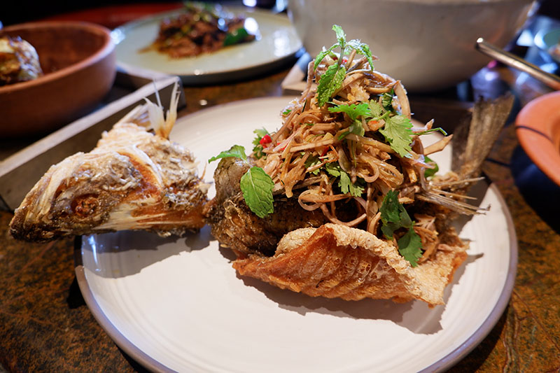 Fried seabass topped with banana blossom yum (1,350 baht).