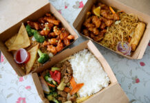 We Tried the Latest American-Chinese Takeout in Bangkok Clockwise from left: General Tao's Chicken and Cheese Puffs with fried rice (240 baht), Orange Chicken and Egg Roll (240 baht with an added 30 baht for vegetable lo mein), and the Mandarin Beef with white rice (220 baht).