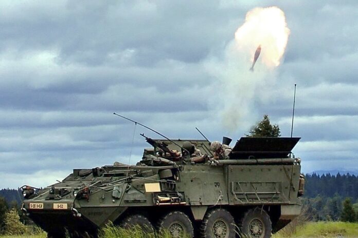 US soldiers of the 8th Squadron, 1st Cavalry Regiment fire mortars from their Stryker during crew certification in May 2008 at Fort Lewis, Washington. Photo: Jason Kaye