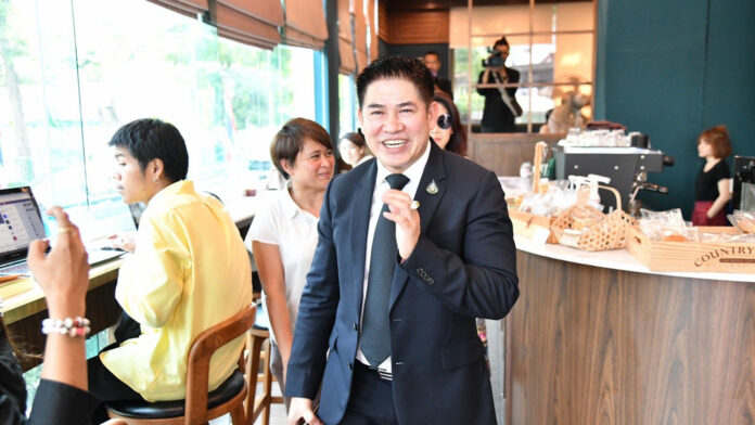 Capt. Thammanat Prompao at a café inside the Democrat Party headquarters on March 4.