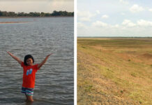 How Dry Is the Thai Drought This Year? Left, a tourist at Bueng Kraton Lake in August 2017. Photo: P’ Oy Keedue / Google. Right, Bueng Kraton on July 21, 2019.