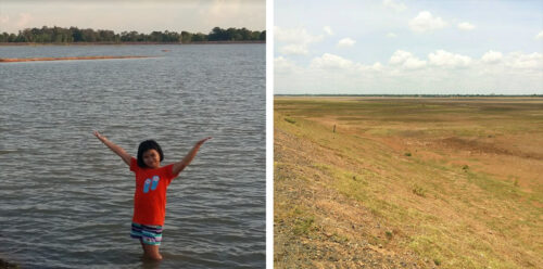 Left, a tourist at Bueng Kraton Lake in August 2017. Photo: P’ Oy Keedue / Google. Right, Bueng Kraton on July 21, 2019.