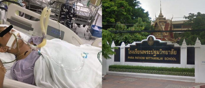 Left: Pisit Kumniw in a coma. Photo: Panuwat Songsawatchai / Facebook. Right: Phra Pathom Witthayalai School. Photo: Google