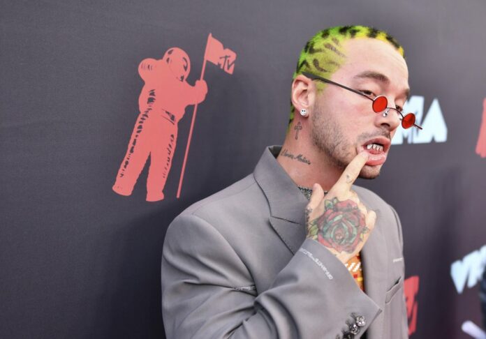 J Balvin arrives at the MTV Video Music Awards at the Prudential Center on Monday, Aug. 26, 2019, in Newark, N.J. (Photo by Charles Sykes/Invision/AP)