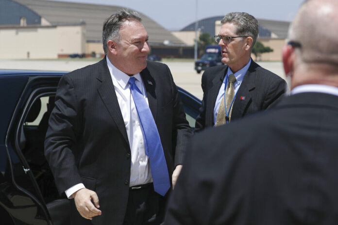 Secretary of State Mike Pompeo arrives at Andrews Air Force Base, Md., Tuesday, July 30, 2019. Pompeo is heading to Thailand, Australia, and Micronesia. Photo: Jonathan Ernst / Pool Photo via AP