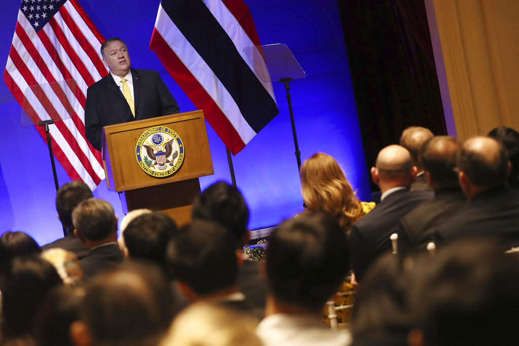 U.S. Secretary of State Mike Pompeo delivers a speech at Siam Society in Bangkok, Thailand Friday, Aug. 2, 2019 on the sidelines of the Association of Southeast Asian Nations (ASEAN) ministerial meetings. Photo: Jonathan Ernst / Pool Photo via AP