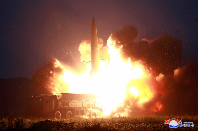 This Tuesday, Aug. 6, 2019, photo provided by the North Korean government shows what it says the launch of a new-type tactical guided missile at an airfield in the western area of North Korea. Independent journalists were not given access to cover the event depicted in this image distributed by the North Korean government. The content of this image is as provided and cannot be independently verified. Korean language watermark on image as provided by source reads: 