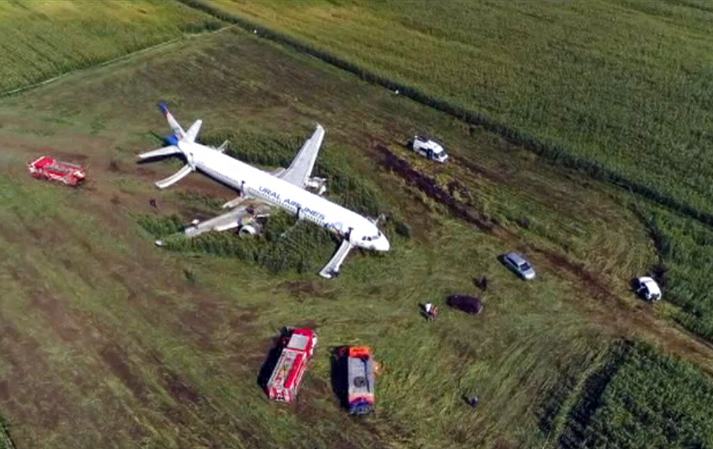 In this video grab provided by the RU-RTR Russian television, a Russian Ural Airlines' A321 plane is seen after an emergency landing in a cornfield near Ramenskoye, outside Moscow, Russia, Thursday, Aug. 15, 2019. Russian Ural Airlines' A321, carrying 226 passengers and a crew of seven, collided with a flock of birds while taking off Thursday rfom Moscow's Zhukovsky airport. Russian health authorities said that 23 people, including five children, have been hospitalized with injuries. Photo: RU-RTR Russian Television via AP
