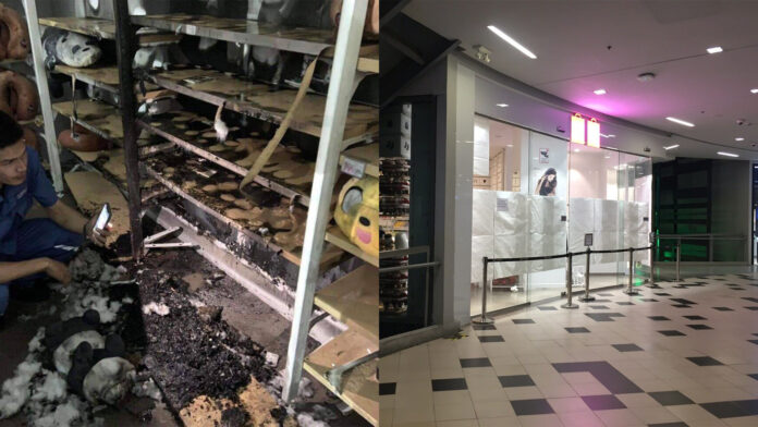 Damage caused the suspected arson at Miniso store inside Siam Square One, left. The store being closed on August 2, right.