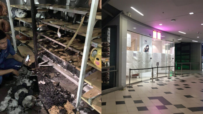 Damage caused the suspected arson at Miniso store inside Siam Square One, left. The store being closed on August 2, right. Damage caused the suspected arson at Miniso store inside Siam Square One, left. The store being closed on August 2, right.