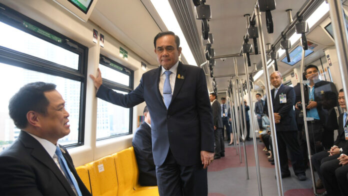 BTS_Header Prime Minister Prayuth Chan-ocha taking a ride from BTS Mo Chit to Ha Yaek Lat Phrao during the opening ceremony on August 9.