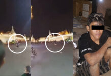 16-Year-Old Dek Van Arrested for Wheelie at Wat Phra Kaew Screenshot from a now-deleted video showing wheelie maneuver on Na Phra Lan Road on Sunday, left and center in circles. The teen when he was arrested on Tuesday, right.