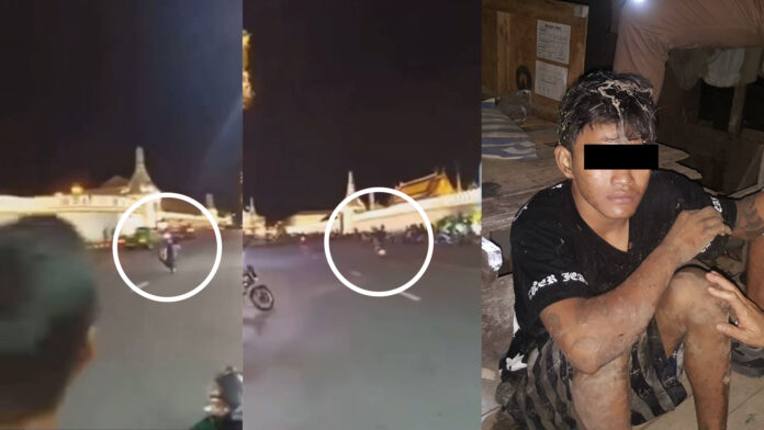 Screenshot from a now-deleted video showing wheelie maneuver on Na Phra Lan Road on Sunday, left and center in circles. The teen when he was arrested on Tuesday, right. Screenshot from a now-deleted video showing wheelie maneuver on Na Phra Lan Road on Sunday, left and center in circles. The teen when he was arrested on Tuesday, right.