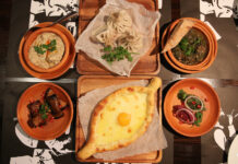 Introduce Yourself to Georgian Food Near BTS Nana Clockwise from top left: satsivi (190 baht), khinkhali (70 baht apiece), chakapuli (470 baht), phali (120 baht), acharuli khachapuri (250 baht), and badrijani nigvzit (130 baht).