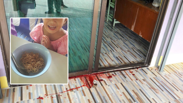 A teacher’s office at Wat Wong Duan School being splashed with animal blood on Aug. 21. Insert: A photo of stir-fried instant noodles apparently served at school on Aug. 16.