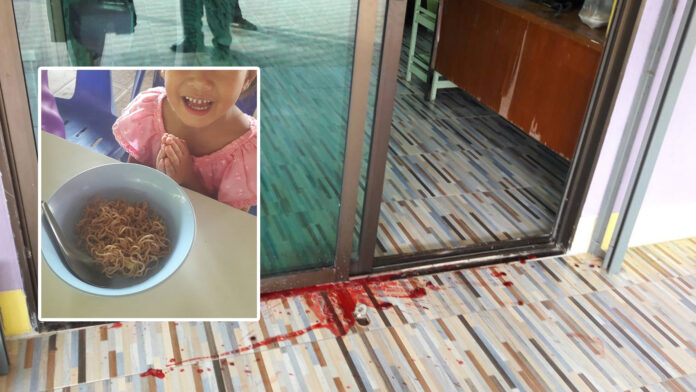 A teacher’s office at Wat Wong Duan School being splashed with animal blood on Aug. 21. Insert: A photo of stir-fried instant noodles apparently served at school on Aug. 16. A teacher’s office at Wat Wong Duan School being splashed with animal blood on Aug. 21. Insert: A photo of stir-fried instant noodles apparently served at school on Aug. 16.