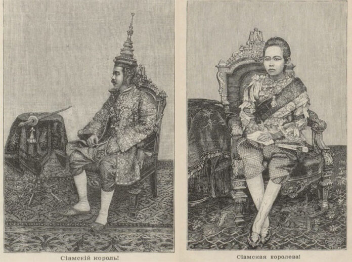Drawings of King Rama V and one of his queens Queen Saovabha, titled “Siamese King” and “Siamese Queen,” by Grigory de Vollan. de Vollan was a Frenchman under the Russian Tsar’s service who visited Siam between 1890 to 1894.