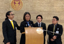 ‘Are We Not Human?’: Future Forward MP Weeps as Gender Committee Voted Down Tanwarin Sukkhapisit, second from the left, and Nathiphat Kunsetthasit, third from the left, and fellow Future Forward MPs during a press conference at the Parliament on Aug. 22.