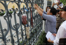 Student Activists Fined for Hanging Chili and Garlic on the Fence of Govt. House Parit “Penguin” Chiwarak, left, and Tanawat “Ball” Wongchai, right, hanging garlic and chili garlands on the fence of Government House on Feb. 2.