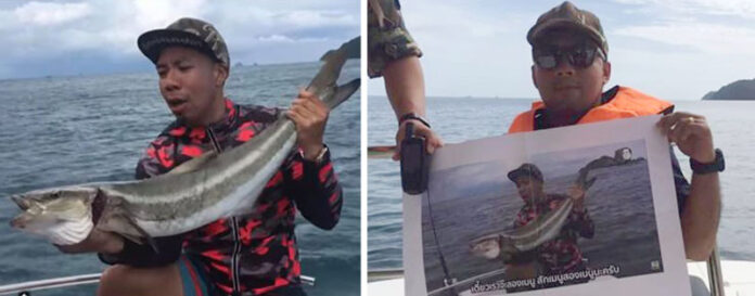 Left, Poomjai “DJ Poom” Tangsanga holds a fish captured in Mu Koh Chumphon National Park, in a video he posted in August 2018. Right, a park ranger holds a printed screenshot of the video at the same spot in the park, in a photo posted on Aug. 13, 2019.
