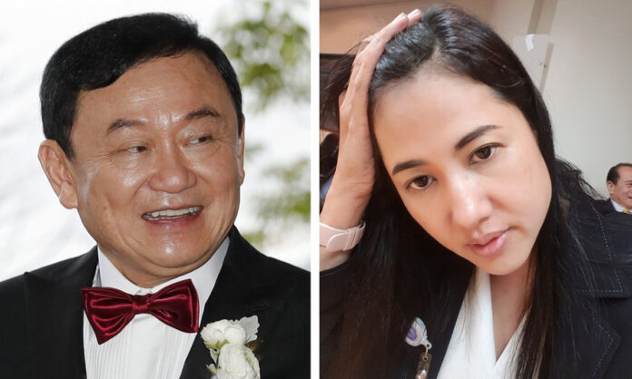 Left: In this Friday, March 22, 2019 file photo, Former Thai Prime Minister Thaksin Shinawatra welcomes his guests for the wedding of his youngest daughter Paetongtarn 