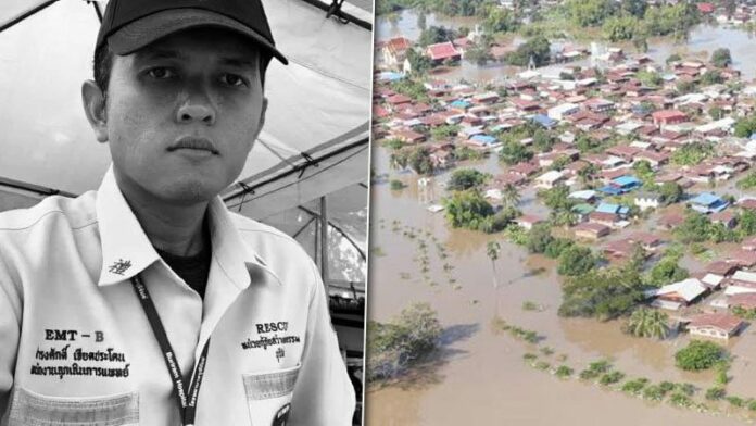 Left: Damrongsak Jeadprakhon. Photo: Let Me Know About Ubon Ratchathani / Facebook. Right: Flooding in Ubon Ratchathani in September 2019.