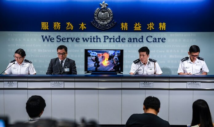 Hong Kong police shows an evidence image of violent acts by radical demonstrators during a daily press conference in south China's Hong Kong, Aug. 28, 2019. (Xinhua)