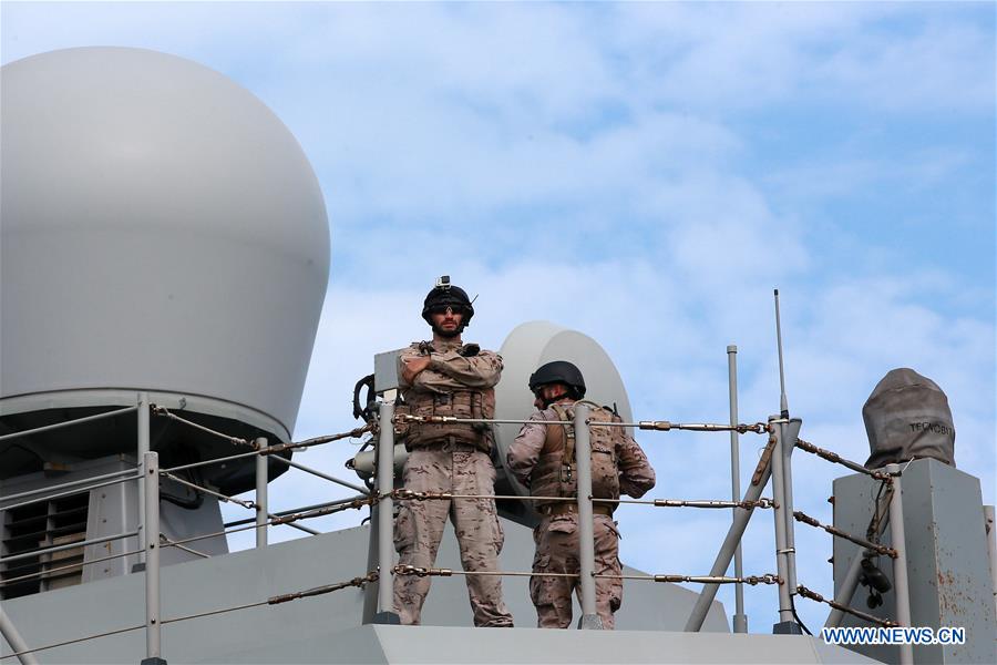 Members of the Spanish Navy stand guard on the Spanish Navy frigate Mendez Nunez (F-104) at a port in Manila, the Philippines, Sept. 5, 2019. The Spanish Navy frigate Mendez Nunez (F-104) docked in Manila for a port call on Thursday, the first Spanish warship to visit the Philippines since 1898, the Philippine Navy has said. Photo: Rouelle Umali / Xinhua
