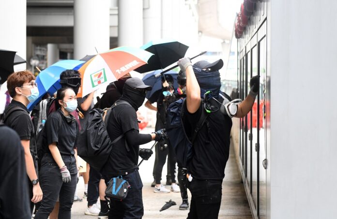 Radical protesters vandalize fire fighting equipment at Hong Kong International Airport in south China's Hong Kong, Sept. 1, 2019. (Xinhua)