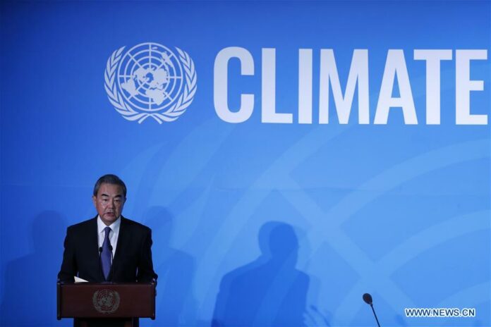 Chinese President Xi Jinping's special representative, State Councilor and Foreign Minister Wang Yi attends the Climate Action Summit at the UN headquarters in New York, Sept. 23, 2019. (Xinhua/Li Muzi)