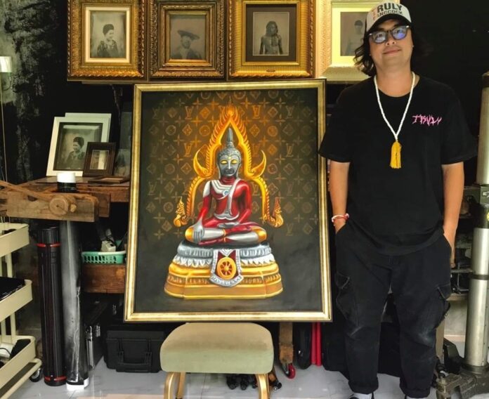 An auction organizer poses next to an An auction organizer poses next to an