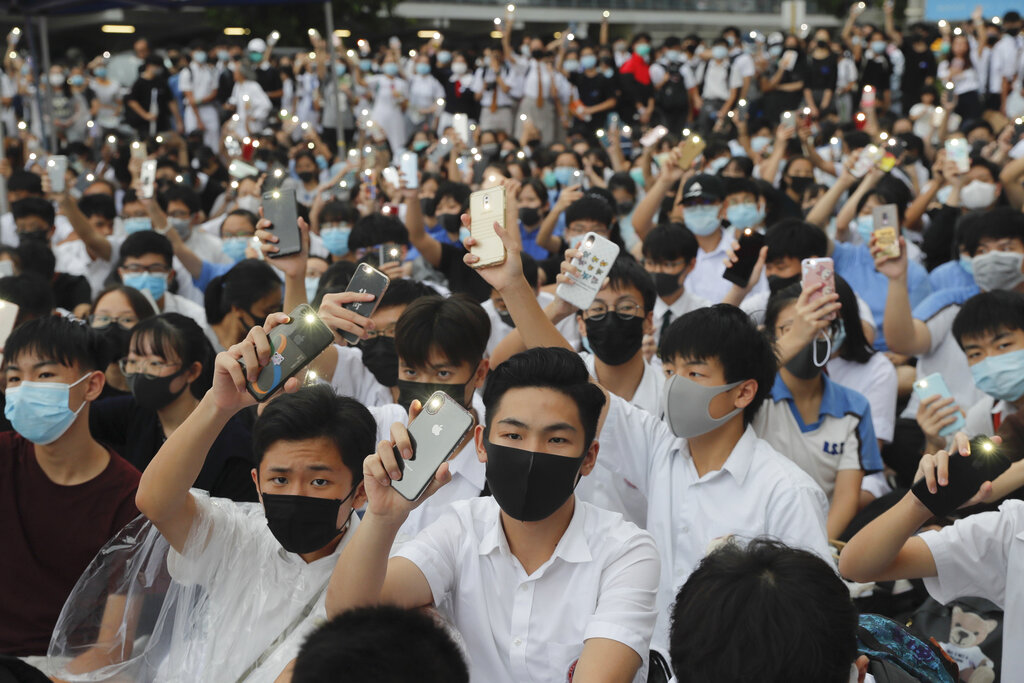 Secondary students hold up their smartphone lights on during a protest in Hong Kong, on Monday, Sept. 2, 2019. Hong Kong has been the scene of tense anti-government protests for nearly three months. The demonstrations began in response to a proposed extradition law and have expanded to include other grievances and demands for democracy in the semiautonomous Chinese territory. Photo: Kin Cheung / AP