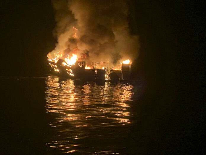 In this photo provided by the Santa Barbara County Fire Department, a dive boat is engulfed in flames after a deadly fire broke out aboard the commercial scuba diving vessel off the Southern California Coast, Monday morning, Sept. 2, 2019. Photo: Santa Barbara County Fire Department via AP