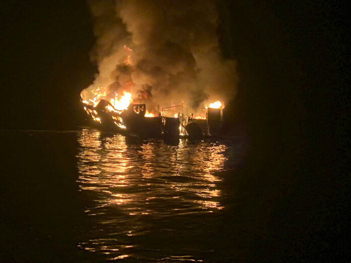 In this photo provided by the Santa Barbara County Fire Department, a dive boat is engulfed in flames after a deadly fire broke out aboard the commercial scuba diving vessel off the Southern California Coast, Monday morning, Sept. 2, 2019. Photo: Santa Barbara County Fire Department via AP In this photo provided by the Santa Barbara County Fire Department, a dive boat is engulfed in flames after a deadly fire broke out aboard the commercial scuba diving vessel off the Southern California Coast, Monday morning, Sept. 2, 2019. Photo: Santa Barbara County Fire Department via AP