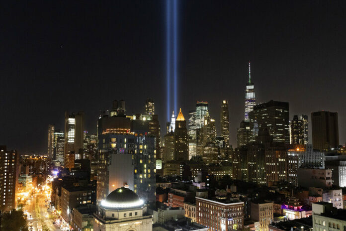 The Tribute in Light rises above the lower Manhattan skyline, Tuesday, Sept. 10, 2019 in New York. Wednesday marks the 18th anniversary of the terror attacks against the United States of Sept. 11, 2001. Photo: Mark Lennihan / AP